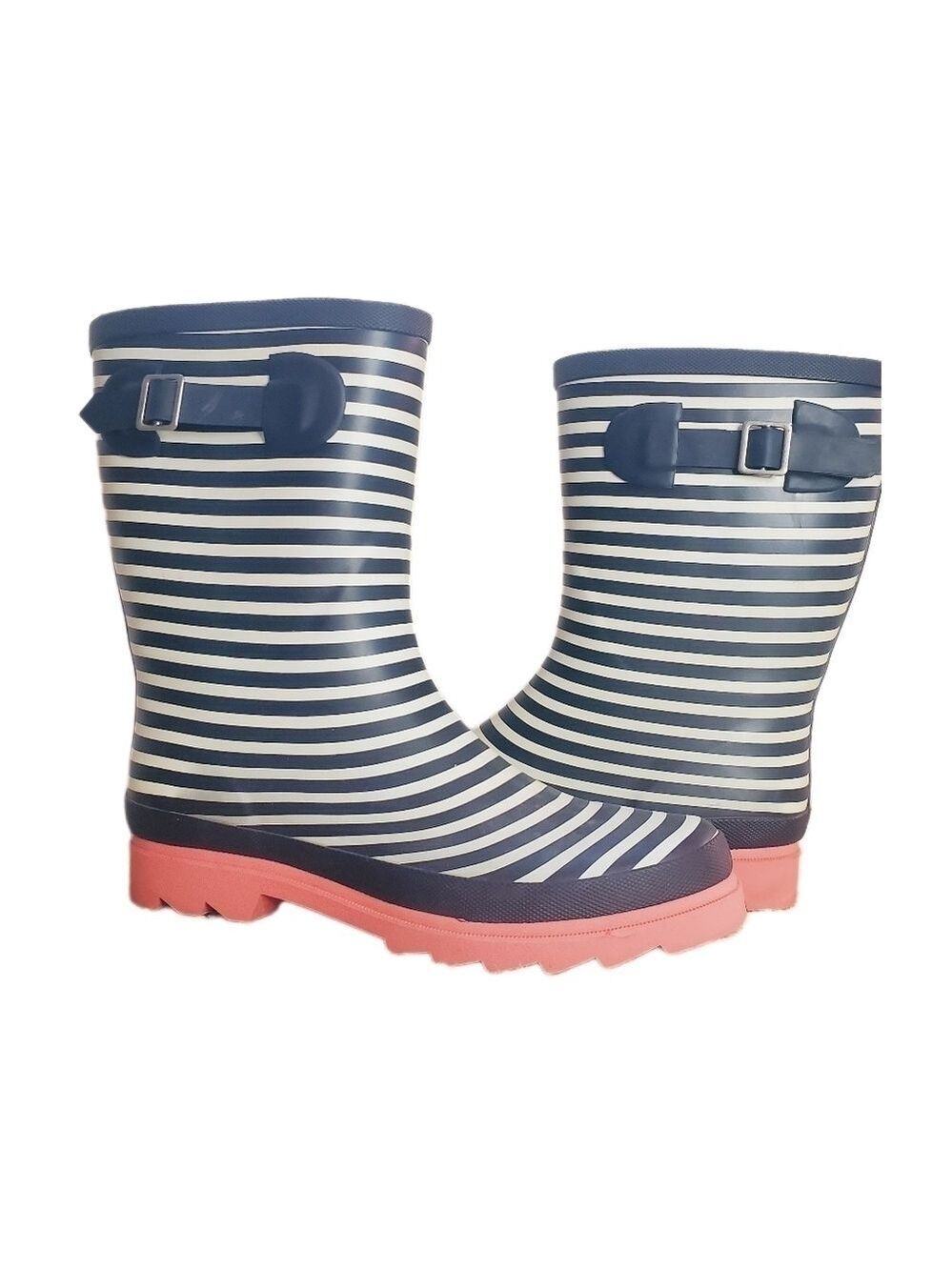 JOURNEE COLLECTION "Settle" Rain Boot in Stripped Black & Cream with Coral Sole